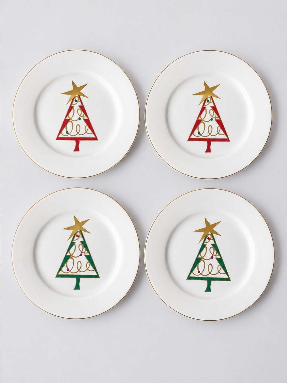 Pier 1 Christmas Tree Salad Plates Set of 4 Gold Rim Whimsical Holiday Dessert